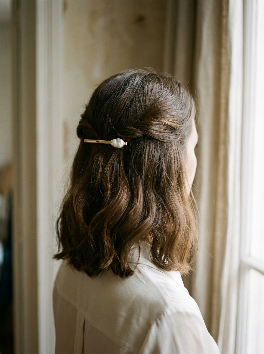 Half-Up Twist mit Schmuckspange - Abschlussball Frisuren mittellang